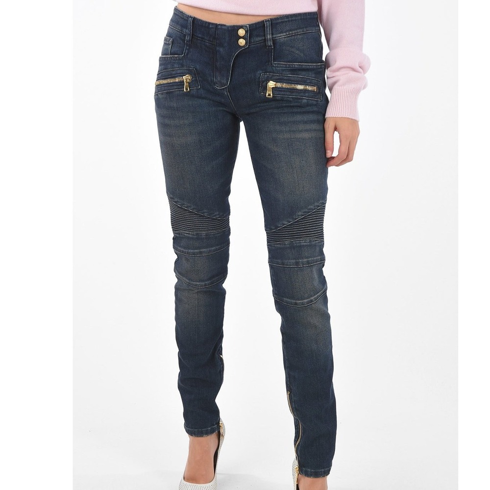 BALMAIN Womens 34/US 2 Blue Denim Biker‎ Moto Skinny Jeans Y2K Rock